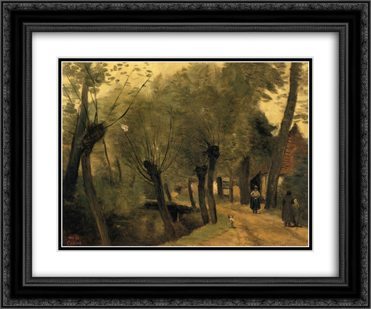 LaBuissiere, near Bethune (pas de Calais) Lane Bordered by Willows 24x20 Black Ornate Wood Framed Art Print Poster with Double Matting by Corot, Jean Baptiste Camille