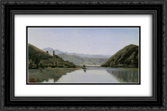 Lake Piediluco 24x16 Black Ornate Wood Framed Art Print Poster with Double Matting by Corot, Jean Baptiste Camille