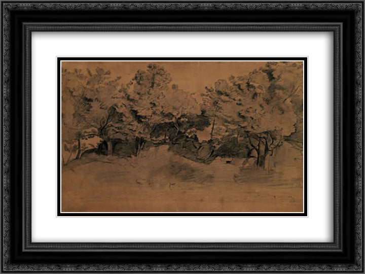 Landscape of Royat, study of trees 24x18 Black Ornate Wood Framed Art Print Poster with Double Matting by Corot, Jean Baptiste Camille