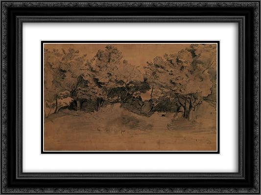 Landscape of Royat, study of trees 24x18 Black Ornate Wood Framed Art Print Poster with Double Matting by Corot, Jean Baptiste Camille