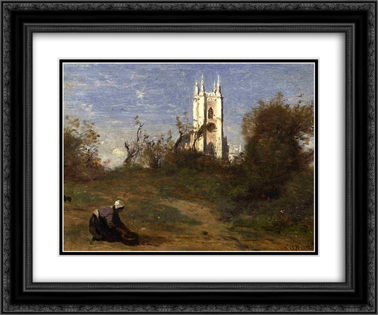 Landscape with a White Tower, Souvenir of Crecy 24x20 Black Ornate Wood Framed Art Print Poster with Double Matting by Corot, Jean Baptiste Camille