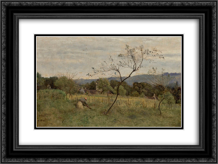 Landscape with Peasant Girl 24x18 Black Ornate Wood Framed Art Print Poster with Double Matting by Corot, Jean Baptiste Camille