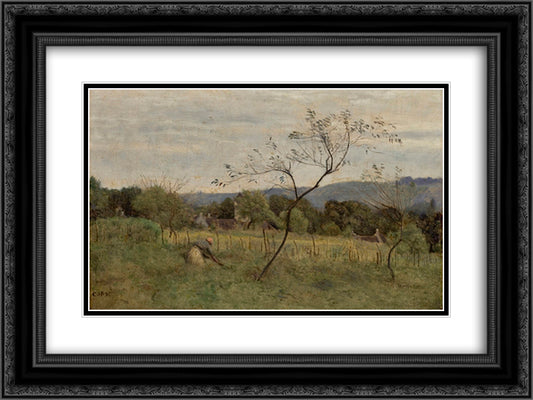 Landscape with Peasant Girl 24x18 Black Ornate Wood Framed Art Print Poster with Double Matting by Corot, Jean Baptiste Camille