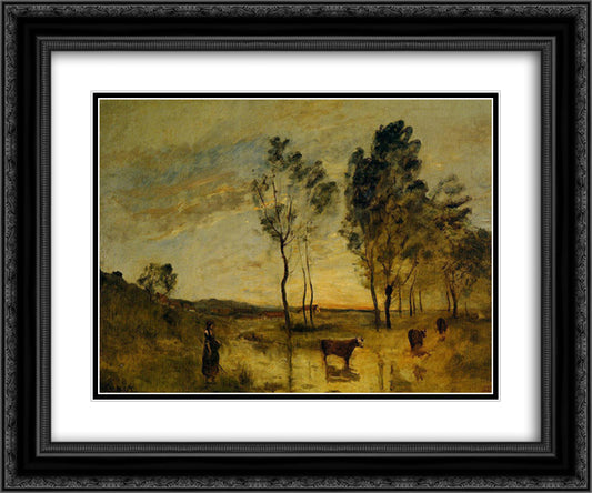 Le Gue (Cows on the Banks of the Gue) 24x20 Black Ornate Wood Framed Art Print Poster with Double Matting by Corot, Jean Baptiste Camille