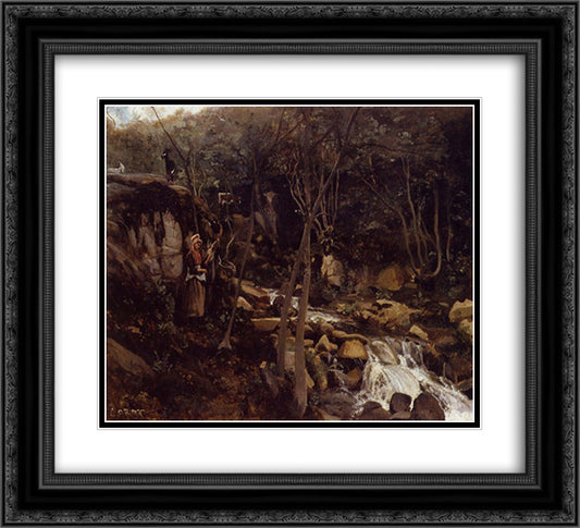 Lormes, A Waterfall with a Standing Peasant, Spinning Wool 22x20 Black Ornate Wood Framed Art Print Poster with Double Matting by Corot, Jean Baptiste Camille