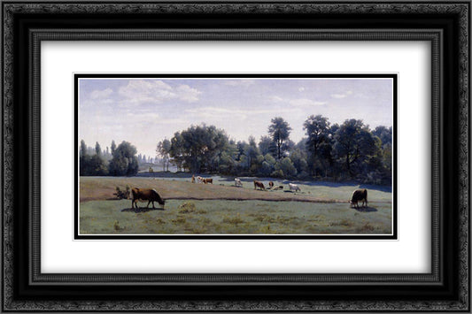 Marcoussis Cows Grazing 24x16 Black Ornate Wood Framed Art Print Poster with Double Matting by Corot, Jean Baptiste Camille