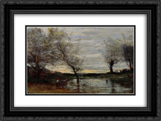 Marshy Pastures 24x18 Black Ornate Wood Framed Art Print Poster with Double Matting by Corot, Jean Baptiste Camille