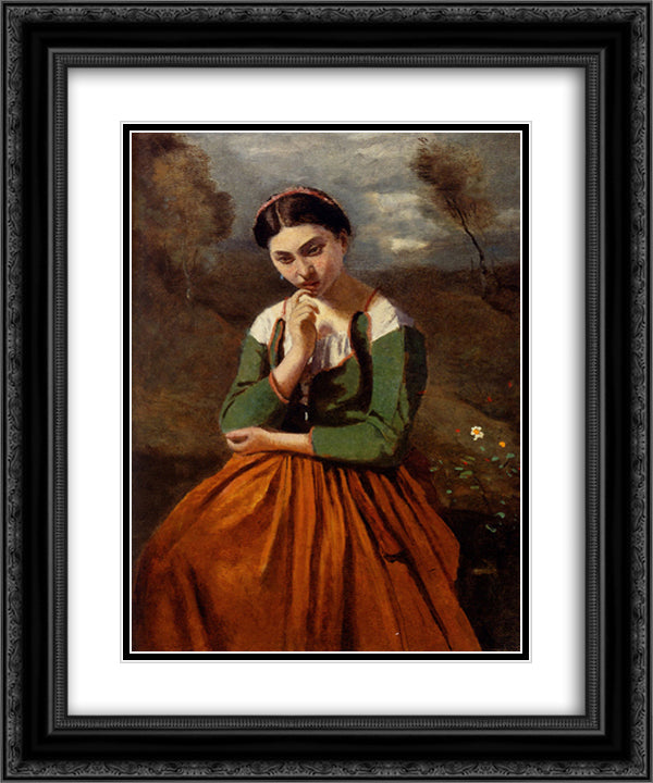 Meditation 20x24 Black Ornate Wood Framed Art Print Poster with Double Matting by Corot, Jean Baptiste Camille