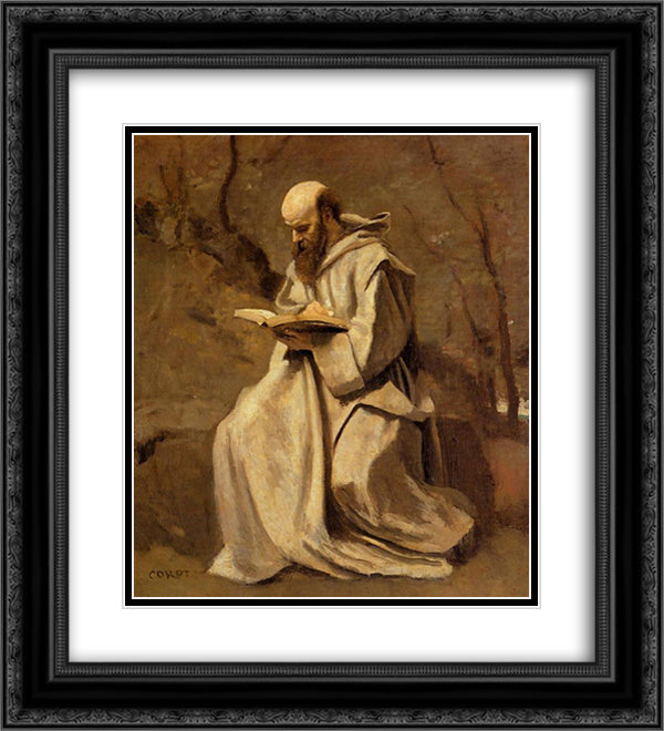 Monk in White, Seated, Reading 20x22 Black Ornate Wood Framed Art Print Poster with Double Matting by Corot, Jean Baptiste Camille