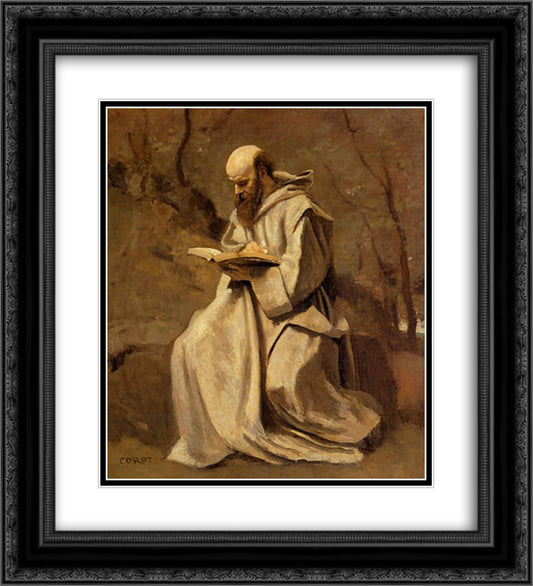 Monk in White, Seated, Reading 20x22 Black Ornate Wood Framed Art Print Poster with Double Matting by Corot, Jean Baptiste Camille