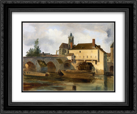 Moret sur Loing, the Bridge and the Church 24x20 Black Ornate Wood Framed Art Print Poster with Double Matting by Corot, Jean Baptiste Camille