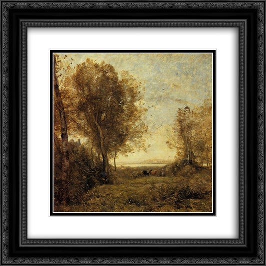 Morning, Woman Hearding Cows 20x20 Black Ornate Wood Framed Art Print Poster with Double Matting by Corot, Jean Baptiste Camille