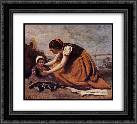 Mother and Child on the Beach 22x20 Black Ornate Wood Framed Art Print Poster with Double Matting by Corot, Jean Baptiste Camille