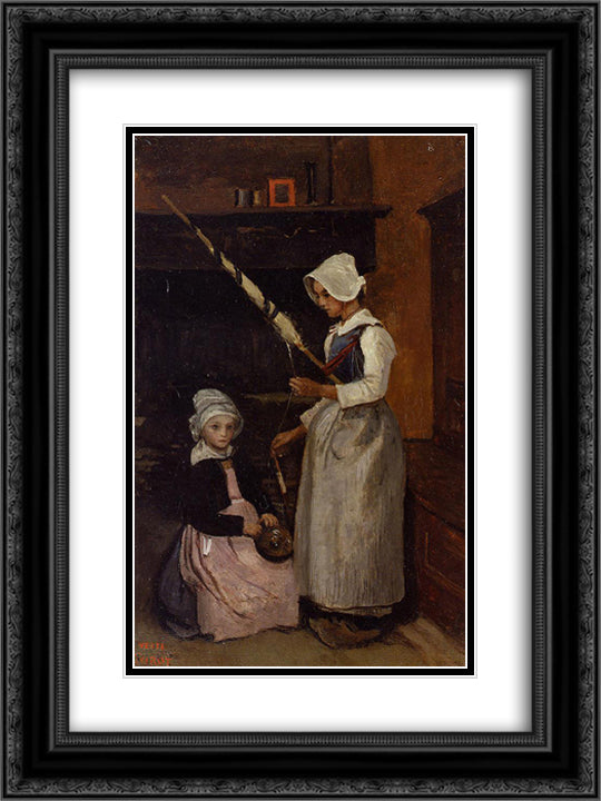 Mur Peasants 18x24 Black Ornate Wood Framed Art Print Poster with Double Matting by Corot, Jean Baptiste Camille