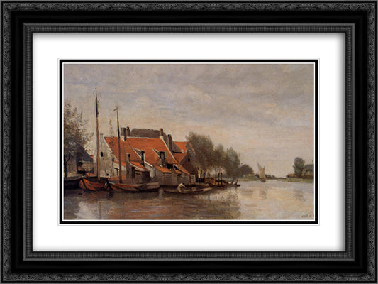 Near Rotterdam, Small Houses on the Banks of a Canal 24x18 Black Ornate Wood Framed Art Print Poster with Double Matting by Corot, Jean Baptiste Camille