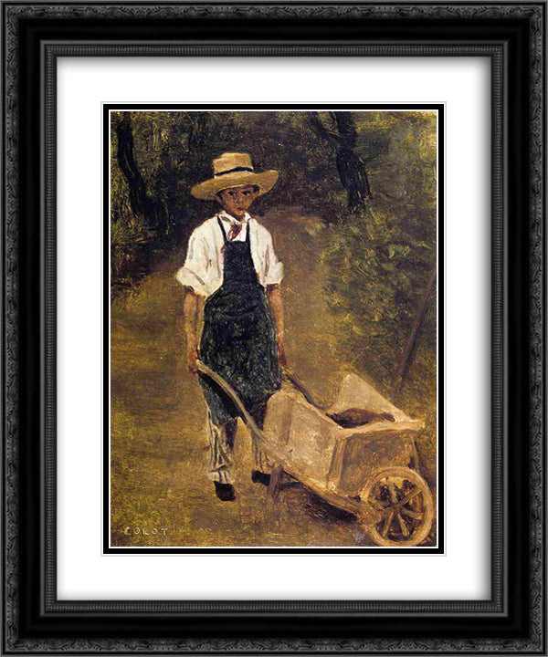 Octave Chamouillet Pushing a Wheelbarrow in a Garden 20x24 Black Ornate Wood Framed Art Print Poster with Double Matting by Corot, Jean Baptiste Camille