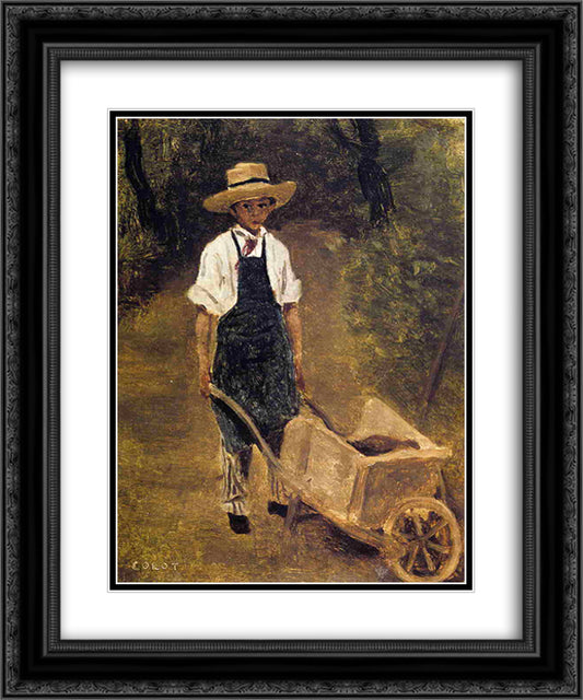 Octave Chamouillet Pushing a Wheelbarrow in a Garden 20x24 Black Ornate Wood Framed Art Print Poster with Double Matting by Corot, Jean Baptiste Camille