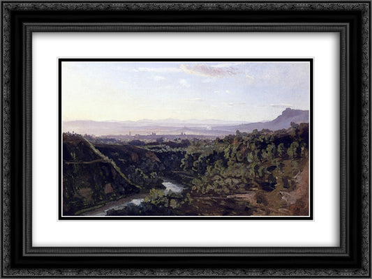 Papigno, Steep and Wooded Banks 24x18 Black Ornate Wood Framed Art Print Poster with Double Matting by Corot, Jean Baptiste Camille