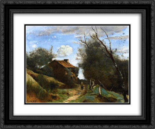 Path Towards a House in the Countryside 24x20 Black Ornate Wood Framed Art Print Poster with Double Matting by Corot, Jean Baptiste Camille