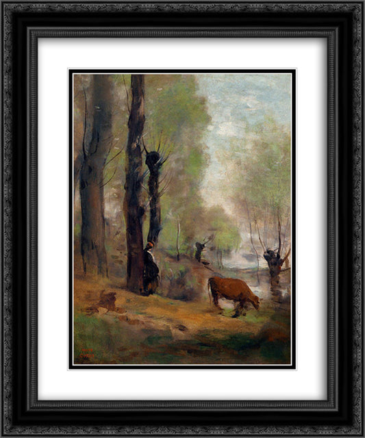 Peasant Woman Watering Her Cow 20x24 Black Ornate Wood Framed Art Print Poster with Double Matting by Corot, Jean Baptiste Camille