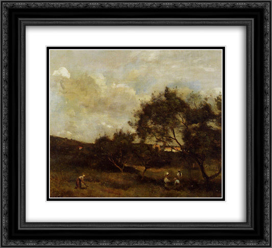 Peasants near a Village 22x20 Black Ornate Wood Framed Art Print Poster with Double Matting by Corot, Jean Baptiste Camille