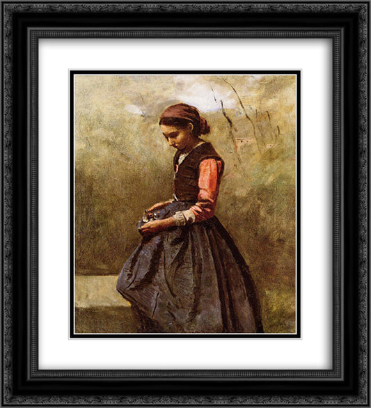 Pensive Young Woman 20x22 Black Ornate Wood Framed Art Print Poster with Double Matting by Corot, Jean Baptiste Camille