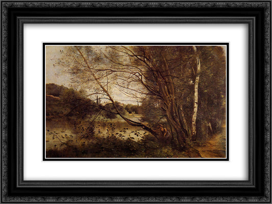 Pond at Ville d'Avray, with Leaning Trees 24x18 Black Ornate Wood Framed Art Print Poster with Double Matting by Corot, Jean Baptiste Camille