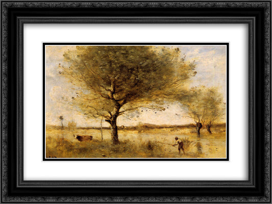 Pond with a Large Tree 24x18 Black Ornate Wood Framed Art Print Poster with Double Matting by Corot, Jean Baptiste Camille
