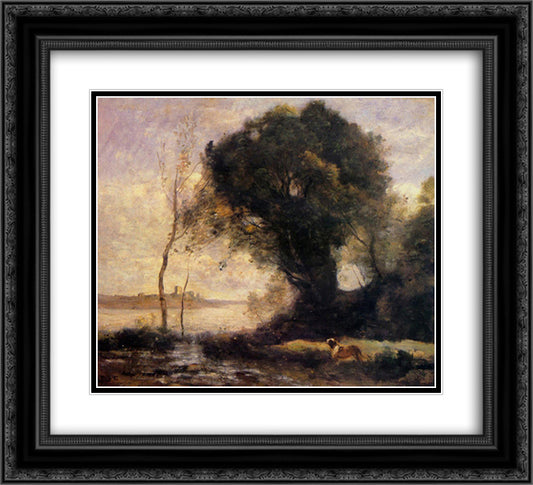 Pond with Dog 22x20 Black Ornate Wood Framed Art Print Poster with Double Matting by Corot, Jean Baptiste Camille
