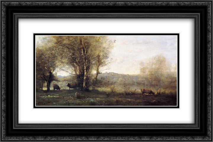 Pond with Three Cows (Souvenir of Ville d'Avray) 24x16 Black Ornate Wood Framed Art Print Poster with Double Matting by Corot, Jean Baptiste Camille
