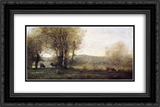 Pond with Three Cows (Souvenir of Ville d'Avray) 24x16 Black Ornate Wood Framed Art Print Poster with Double Matting by Corot, Jean Baptiste Camille