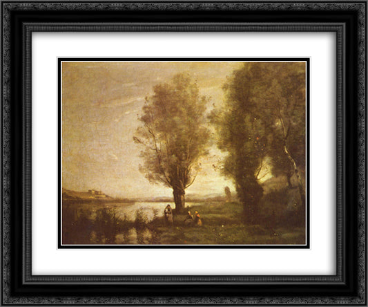 Rest in the Water Meadows 24x20 Black Ornate Wood Framed Art Print Poster with Double Matting by Corot, Jean Baptiste Camille