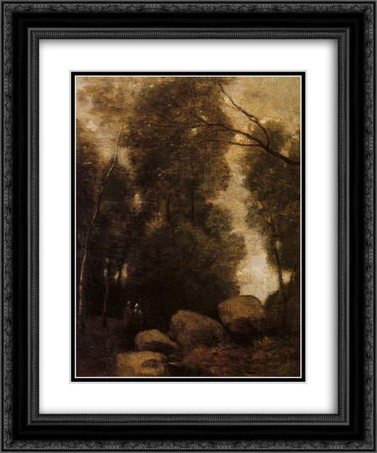 Rocks in a Glade 20x24 Black Ornate Wood Framed Art Print Poster with Double Matting by Corot, Jean Baptiste Camille