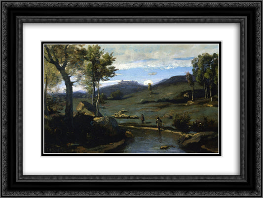 Roman Countryside Rocky Valley with a Herd of Pigs 24x18 Black Ornate Wood Framed Art Print Poster with Double Matting by Corot, Jean Baptiste Camille
