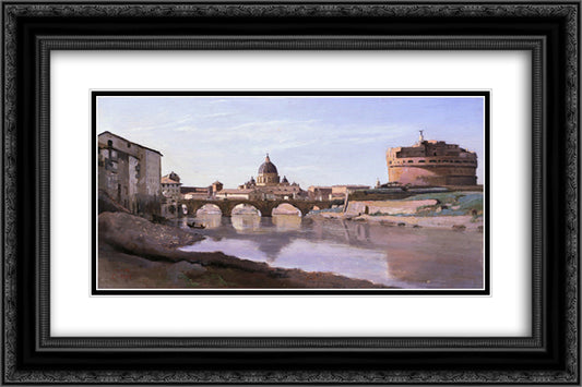 Rome, Castle Sant Angelo 24x16 Black Ornate Wood Framed Art Print Poster with Double Matting by Corot, Jean Baptiste Camille