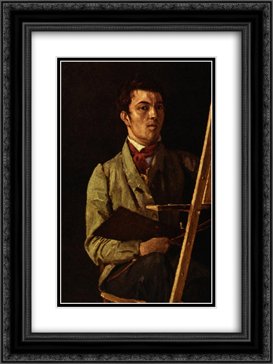 Self Portrait, Sitting next to an Easel 18x24 Black Ornate Wood Framed Art Print Poster with Double Matting by Corot, Jean Baptiste Camille