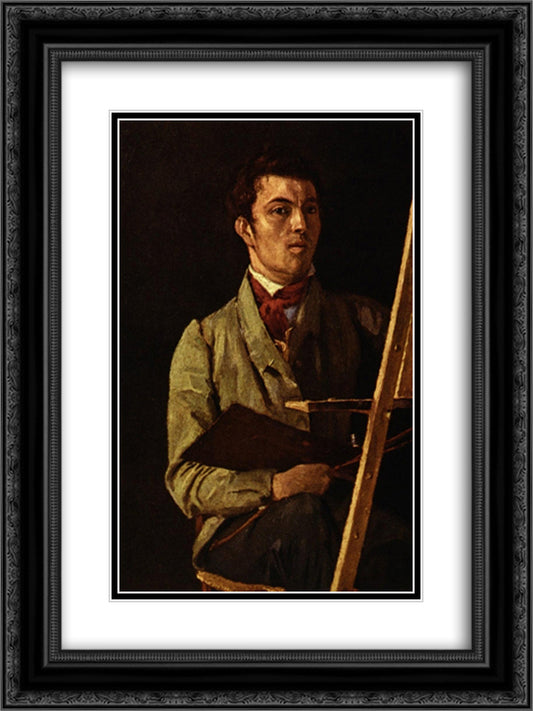 Self Portrait, Sitting next to an Easel 18x24 Black Ornate Wood Framed Art Print Poster with Double Matting by Corot, Jean Baptiste Camille