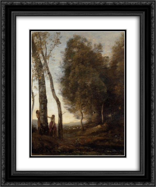 Shepherd and Shepherdess at Play 20x24 Black Ornate Wood Framed Art Print Poster with Double Matting by Corot, Jean Baptiste Camille