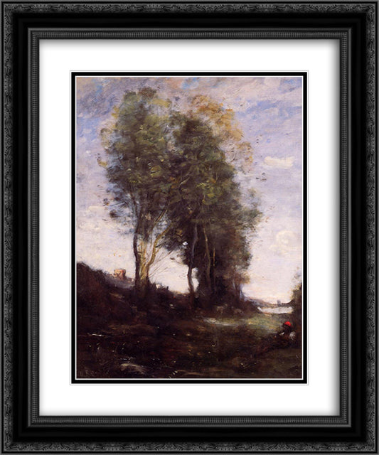 Shepherd Resting 20x24 Black Ornate Wood Framed Art Print Poster with Double Matting by Corot, Jean Baptiste Camille