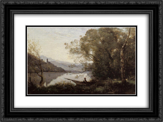 Souvenir of Italy (The Moored Boat) 24x18 Black Ornate Wood Framed Art Print Poster with Double Matting by Corot, Jean Baptiste Camille