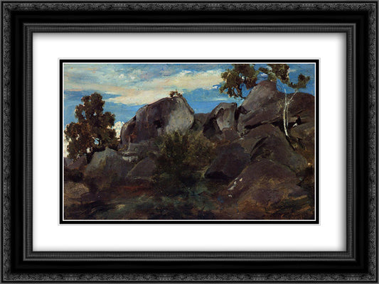 Stoller in the Fontainebleau Forest 24x18 Black Ornate Wood Framed Art Print Poster with Double Matting by Corot, Jean Baptiste Camille