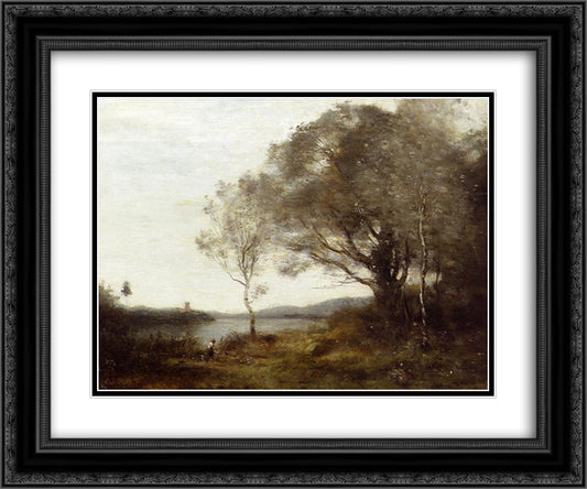 Strolling along the Banks of a Pond 24x20 Black Ornate Wood Framed Art Print Poster with Double Matting by Corot, Jean Baptiste Camille