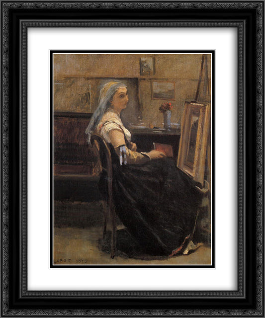 The Artist's Studio 20x24 Black Ornate Wood Framed Art Print Poster with Double Matting by Corot, Jean Baptiste Camille