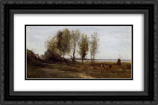 The Bay of Somme 24x16 Black Ornate Wood Framed Art Print Poster with Double Matting by Corot, Jean Baptiste Camille