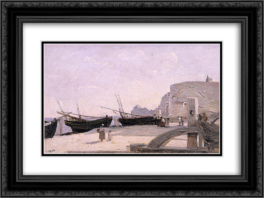 The Beach, etretat 24x18 Black Ornate Wood Framed Art Print Poster with Double Matting by Corot, Jean Baptiste Camille
