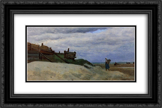 The Beach at Dunkirk 24x16 Black Ornate Wood Framed Art Print Poster with Double Matting by Corot, Jean Baptiste Camille