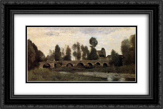 The Bridge at Grez sur Loing 24x16 Black Ornate Wood Framed Art Print Poster with Double Matting by Corot, Jean Baptiste Camille