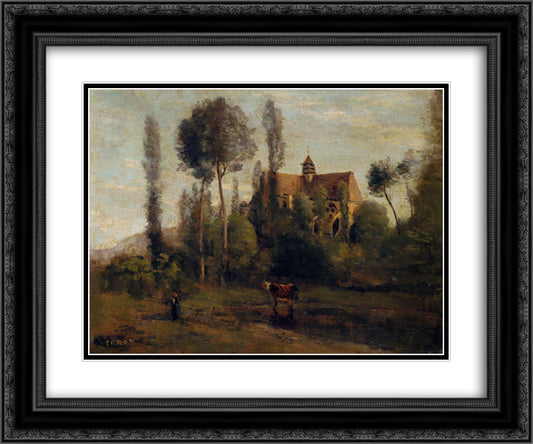 The Church at Essommes, near the Chateau Thierry 24x20 Black Ornate Wood Framed Art Print Poster with Double Matting by Corot, Jean Baptiste Camille