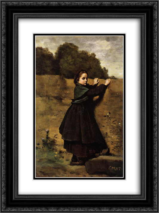 The Curious Little Girl 18x24 Black Ornate Wood Framed Art Print Poster with Double Matting by Corot, Jean Baptiste Camille