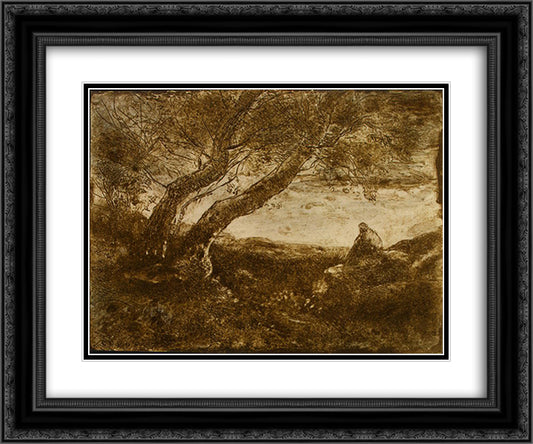 The Dreamer 24x20 Black Ornate Wood Framed Art Print Poster with Double Matting by Corot, Jean Baptiste Camille